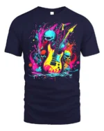 Neon Skull Guitar Rock Art T-Shirt - navy t-shirt on white background