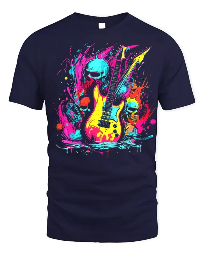 Neon Skull Guitar Rock Art T-Shirt - navy t-shirt on white background