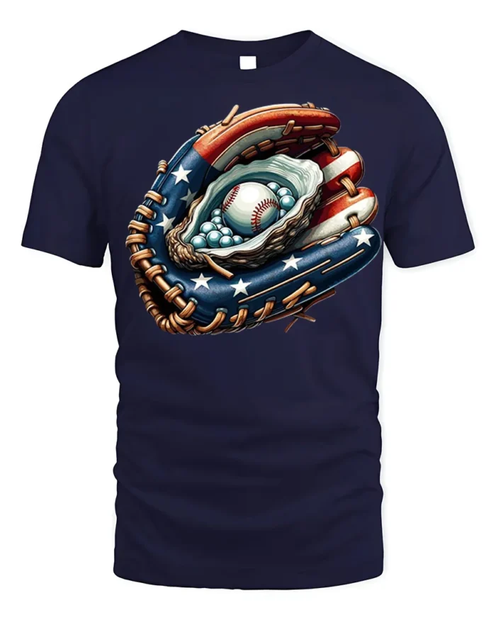 Patriotic Baseball Glove T-Shirt USA Flag Style - navy t-shirt on white background
