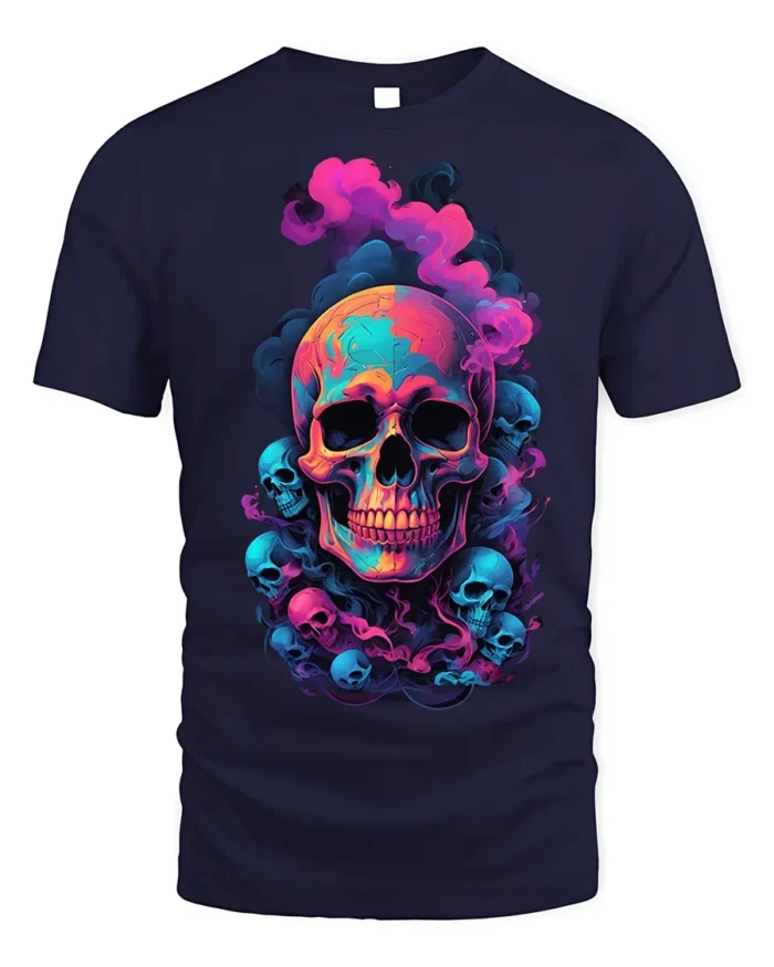 Neon Smoke Skull Art T-Shirt for Dark Style - navy t-shirt on white background