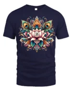 Lotus Om Mandala T-Shirt with Peacock Feathers - navy t-shirt on white background