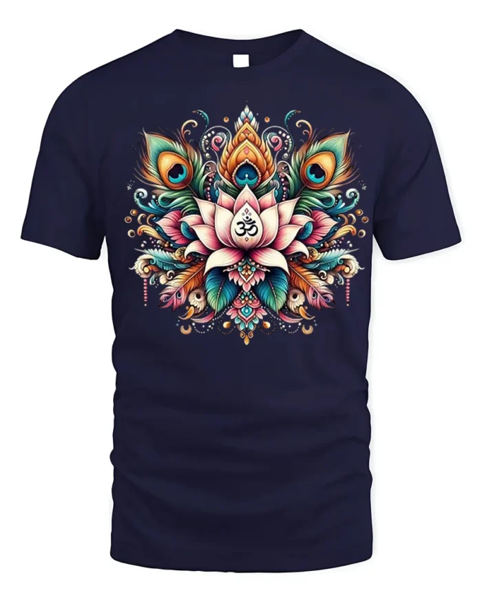 Lotus Om Mandala T-Shirt with Peacock Feathers - navy t-shirt on white background