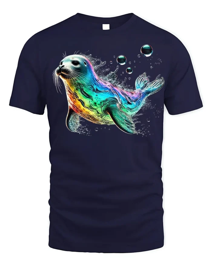 Colorful Sea Seal Graphic T-Shirt Ocean Style - navy t-shirt on white background