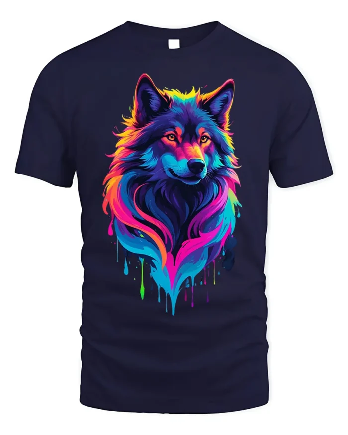 Rainbow Wolf T-Shirt Colorful Animal Print Tee - navy t-shirt on white background