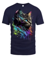Neon DJ Cat Headphones Graphic T-shirt Cool - navy t-shirt on white background