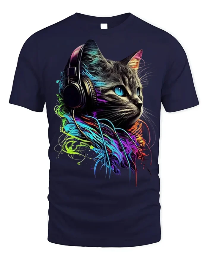 Neon DJ Cat Headphones Graphic T-shirt Cool - navy t-shirt on white background