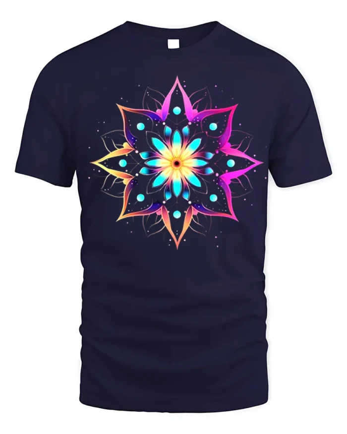 Psychedelic Mandala Art Printed T-shirt - navy t-shirt on white background