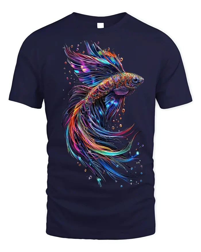 Colorful Betta Fish Art Printed T-shirt Cool - navy t-shirt on white background