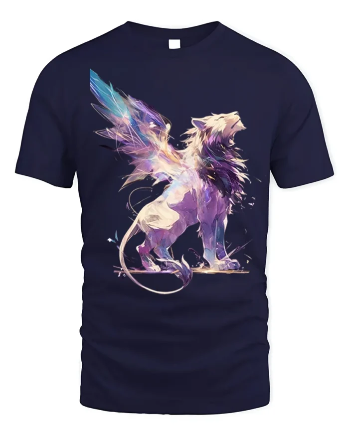 Fantasy Winged Lion Abstract Graphic T-shirt - navy t-shirt on white background