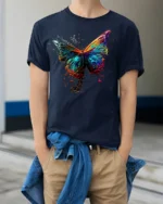 Color Splash Butterfly Graphic T-shirt - model wearing navy shirt, hands in pockets