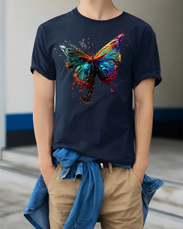 Color Splash Butterfly Graphic T-shirt - model wearing navy shirt, hands in pockets