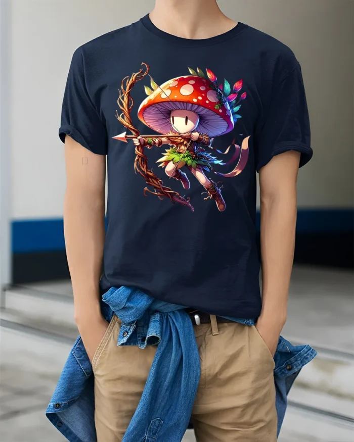 Mushroom Archer Fantasy Character T-shirt - model wearing navy shirt, hands in pockets