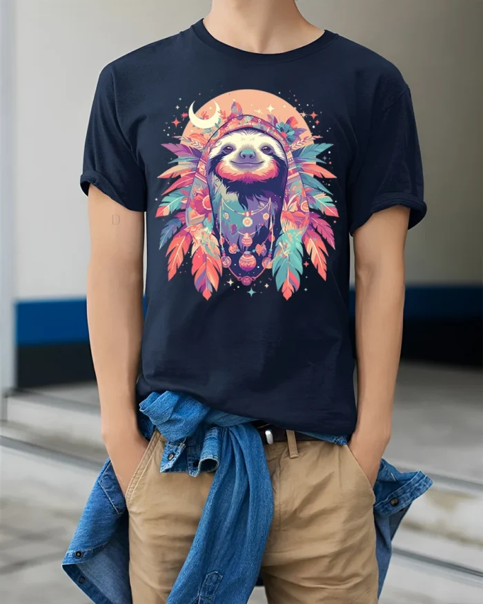 Boho Sloth Spirit Animal Graphic T-Shirt - model wearing navy shirt, hands in pockets