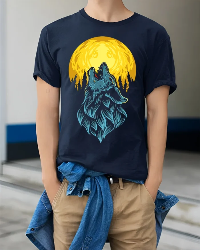 Howling Wolf Full Moon Graphic T-Shirt - model wearing navy shirt, hands in pockets