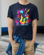 Neon Skull Guitar Rock Art T-Shirt - model wearing navy shirt, hands in pockets