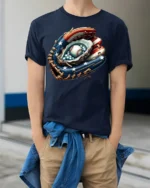 Patriotic Baseball Glove T-Shirt USA Flag Style - model wearing navy shirt, hands in pockets