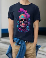 Neon Smoke Skull Art T-Shirt for Dark Style - model wearing navy shirt, hands in pockets