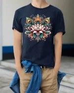 Lotus Om Mandala T-Shirt with Peacock Feathers - model wearing navy shirt, hands in pockets