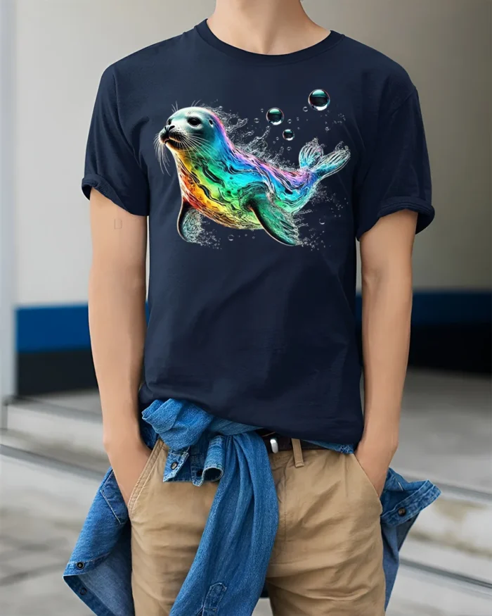 Colorful Sea Seal Graphic T-Shirt Ocean Style - model wearing navy shirt, hands in pockets