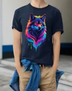 Rainbow Wolf T-Shirt Colorful Animal Print Tee - model wearing navy shirt, hands in pockets