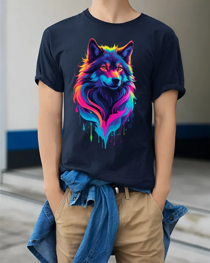 Rainbow Wolf T-Shirt Colorful Animal Print Tee - model wearing navy shirt, hands in pockets