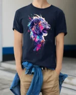 Roaring Lion T-Shirt Abstract Jungle Art Tee - model wearing navy shirt, hands in pockets