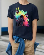 Rainbow Spirit Wolf Graphic T-shirt Cool Print - model wearing navy shirt, hands in pockets
