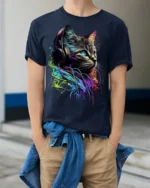 Neon DJ Cat Headphones Graphic T-shirt Cool - model wearing navy shirt, hands in pockets