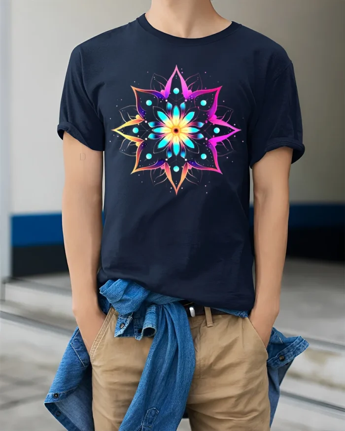Psychedelic Mandala Art Printed T-shirt - model wearing navy shirt, hands in pockets