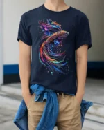 Colorful Betta Fish Art Printed T-shirt Cool - model wearing navy shirt, hands in pockets
