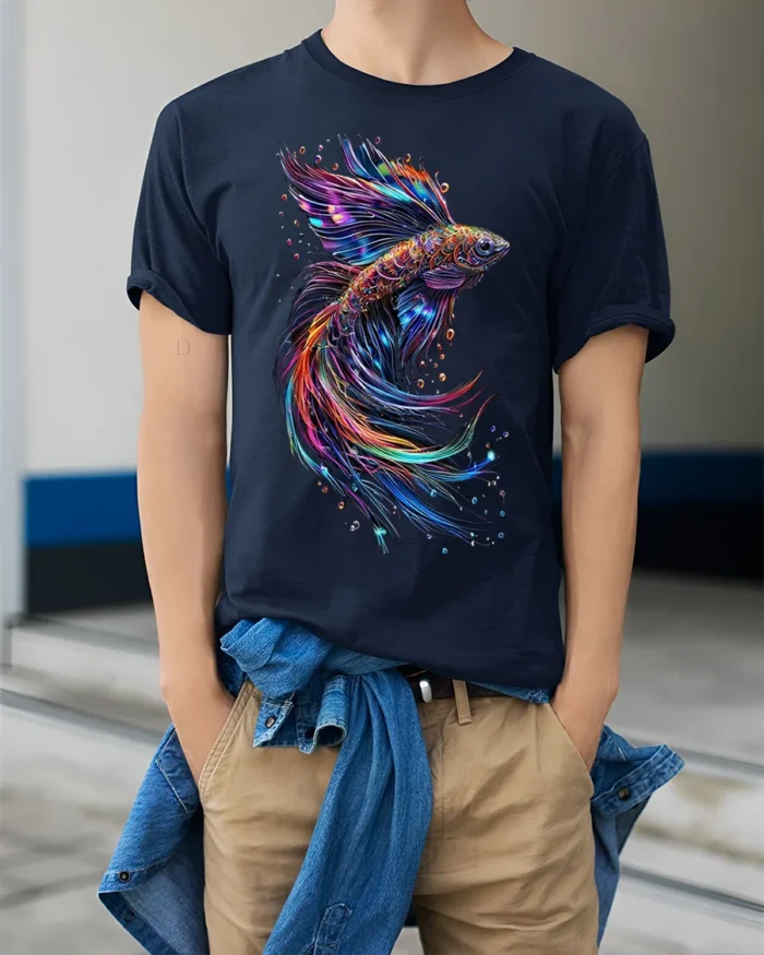 Colorful Betta Fish Art Printed T-shirt Cool - model wearing navy shirt, hands in pockets