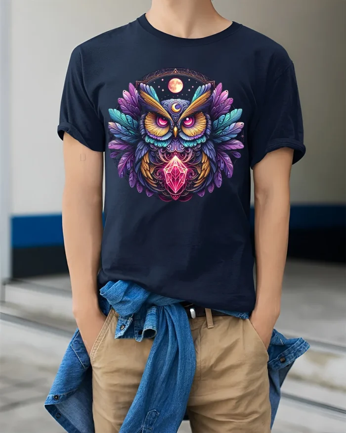 Mystic Owl Crystal Moon Graphic T-shirt - model wearing navy shirt, hands in pockets