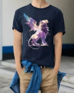 Fantasy Winged Lion Abstract Graphic T-shirt - model wearing navy shirt, hands in pockets