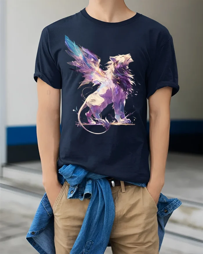 Fantasy Winged Lion Abstract Graphic T-shirt - model wearing navy shirt, hands in pockets