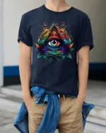 All Seeing Eye Illuminati Symbol T-shirt - model wearing navy shirt, hands in pockets