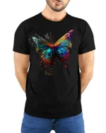 Color Splash Butterfly Graphic T-shirt - model wearing black shirt, hands behind back