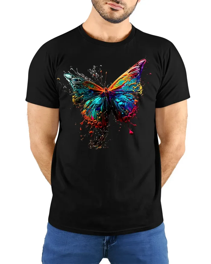 Color Splash Butterfly Graphic T-shirt - model wearing black shirt, hands behind back