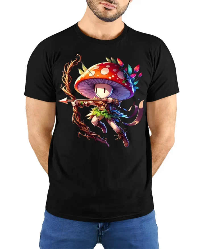 Mushroom Archer Fantasy Character T-shirt - model wearing black shirt, hands behind back
