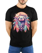 Boho Sloth Spirit Animal Graphic T-Shirt - model wearing black shirt, hands behind back