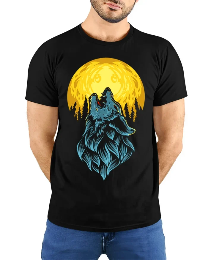 Howling Wolf Full Moon Graphic T-Shirt - model wearing black shirt, hands behind back