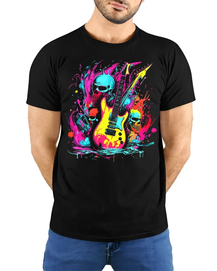 Neon Skull Guitar Rock Art T-Shirt - model wearing black shirt, hands behind back