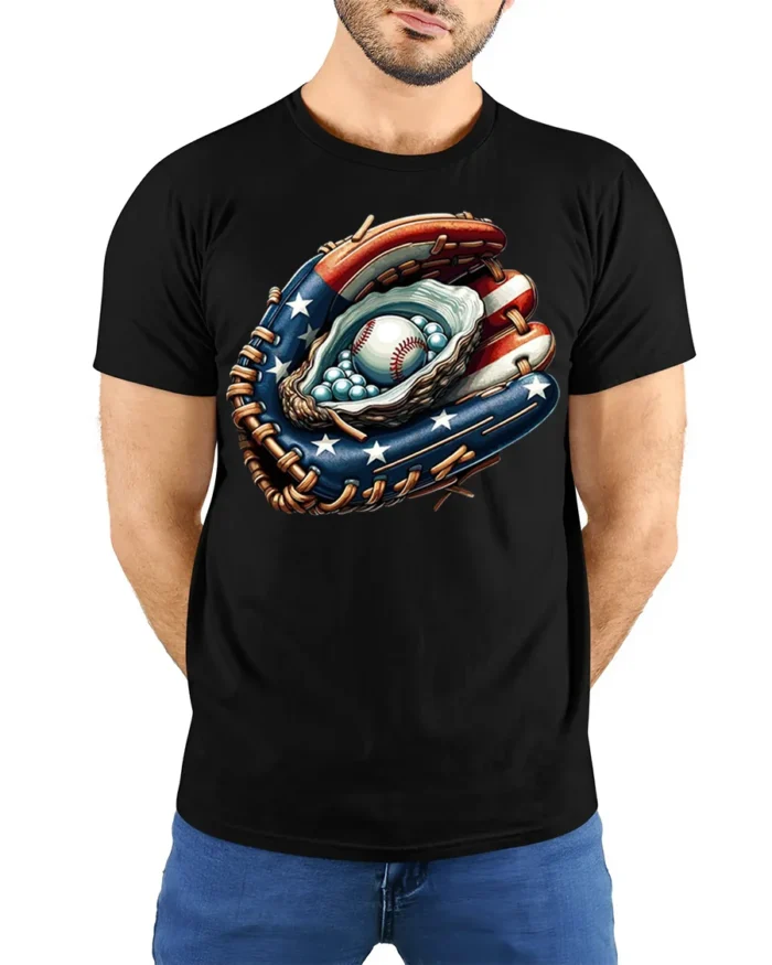 Patriotic Baseball Glove T-Shirt USA Flag Style - model wearing black shirt, hands behind back