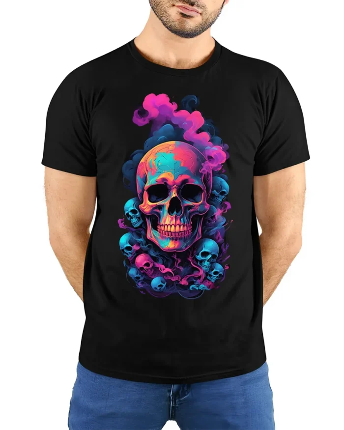 Neon Smoke Skull Art T-Shirt for Dark Style - model wearing black shirt, hands behind back