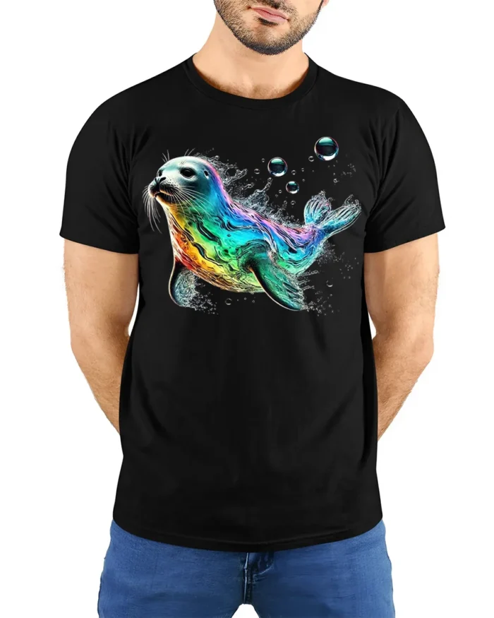 Colorful Sea Seal Graphic T-Shirt Ocean Style - model wearing black shirt, hands behind back