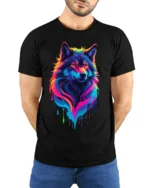 Rainbow Wolf T-Shirt Colorful Animal Print Tee - model wearing black shirt, hands behind back
