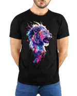 Roaring Lion T-Shirt Abstract Jungle Art Tee - model wearing black shirt, hands behind back