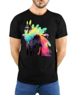 Rainbow Spirit Wolf Graphic T-shirt Cool Print - model wearing black shirt, hands behind back