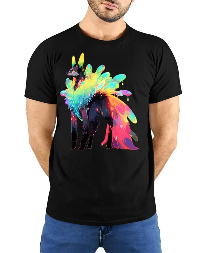 Rainbow Spirit Wolf Graphic T-shirt Cool Print - model wearing black shirt, hands behind back
