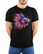 Vibrant Betta Fish Art Tee Soft Cotton T-shirt - model wearing black shirt, hands behind back