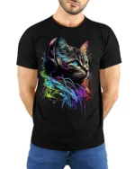 Neon DJ Cat Headphones Graphic T-shirt Cool - model wearing black shirt, hands behind back